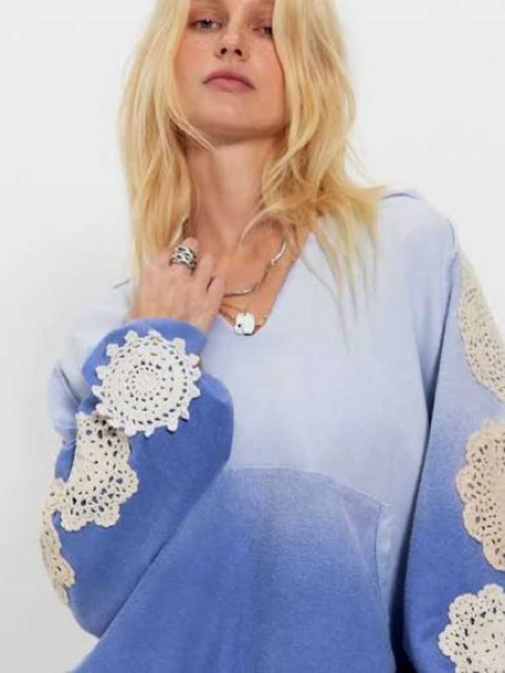 Free People x Tricia Fix Doily Hoodie Blue Crochet Appliqué M/L NWT
